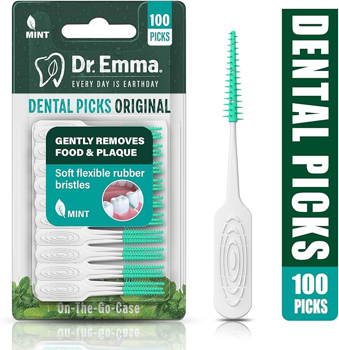 Dr. Emma Original Dental Picks Mint Soft Rubberized Tooth Picks Easy to Use Brush Picks 100Ct/Pack, 2 Packs (200Ct)