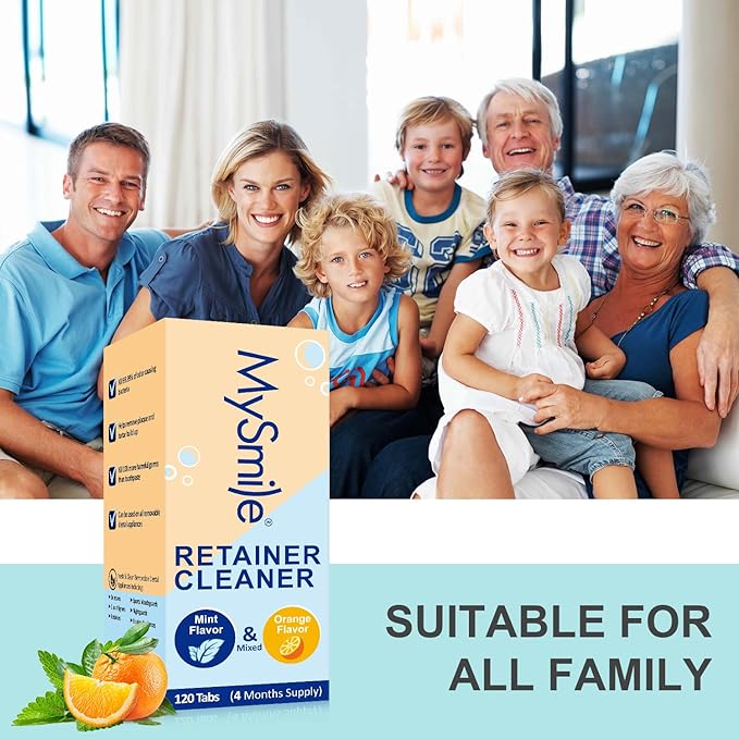 MySmile Retainer Cleaner with 120 Denture Cleaning Tablets, Quickly Remove Odors, Discoloration Stains & Plaque from Aligner, Mouth Guard, Night Guard and More Dental Appliances (Mint+Orange Flavor)