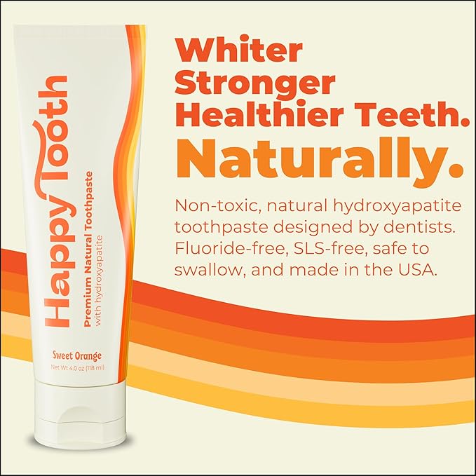Happy Tooth Hydroxyapatite Toothpaste, Fluoride Free, Natural Whitening for Kids, Toddlers and Adults, SLS Free, Enamel Safe, Dentist Formulated with Clean Ingredients, Sweet Orange Flavor, 4oz