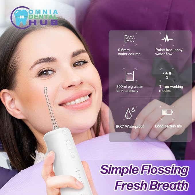 1 PC Water Dental Flosser Cordless for Teeth Cleaning by Omnia ONE | 3 Modes Oral Irrigator with 2 Jet Tips 300ML Braces Flossers Cleaner | Portable IPX7 Waterproof for Home Travel