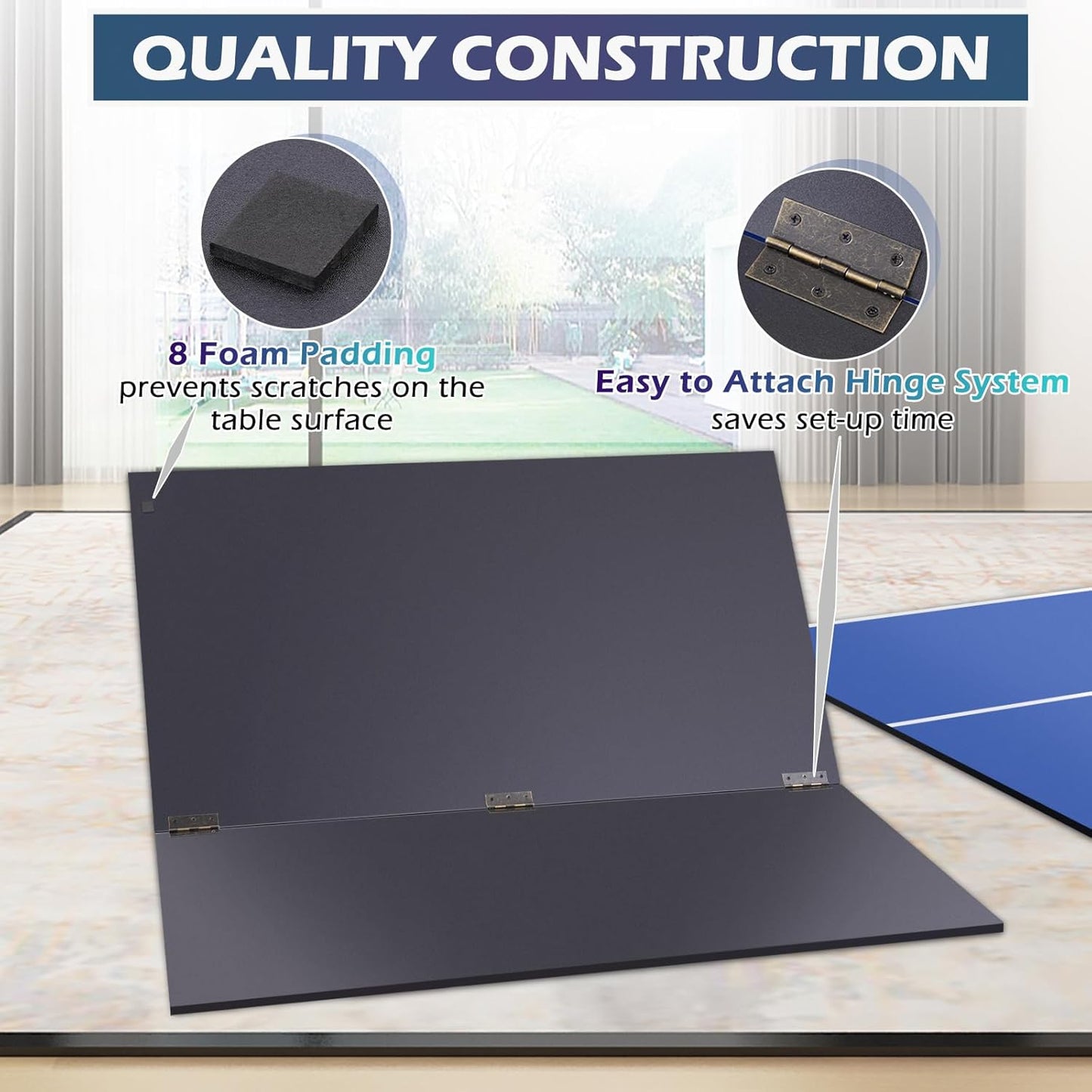 7FT Ping Pong Table Top with Net Set for Pool Table, Foldable Ping Pong Table Topper, Portable Table Tennis Conversion Top Includes Foam Padding for Protection, Easy Conversion