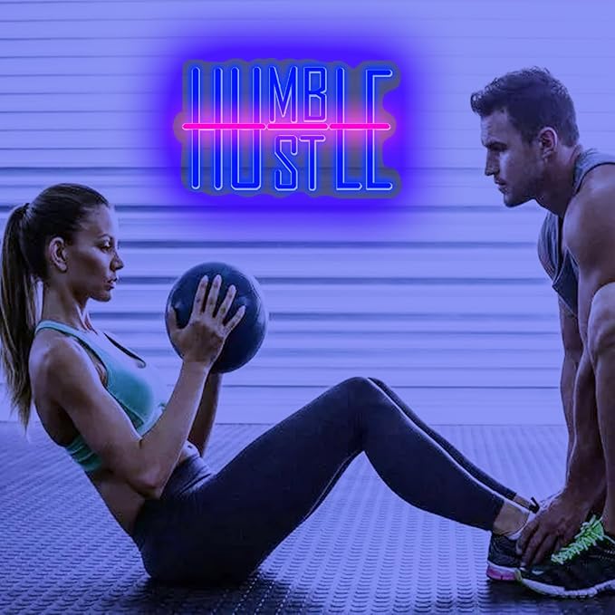 Humble&Hustle Neon Sign Light Up for Wall Decor Hustle Led Sign for Gym Small Acrylic Art Decor for Office Bedroom Decorations 16.54x9.45 inch