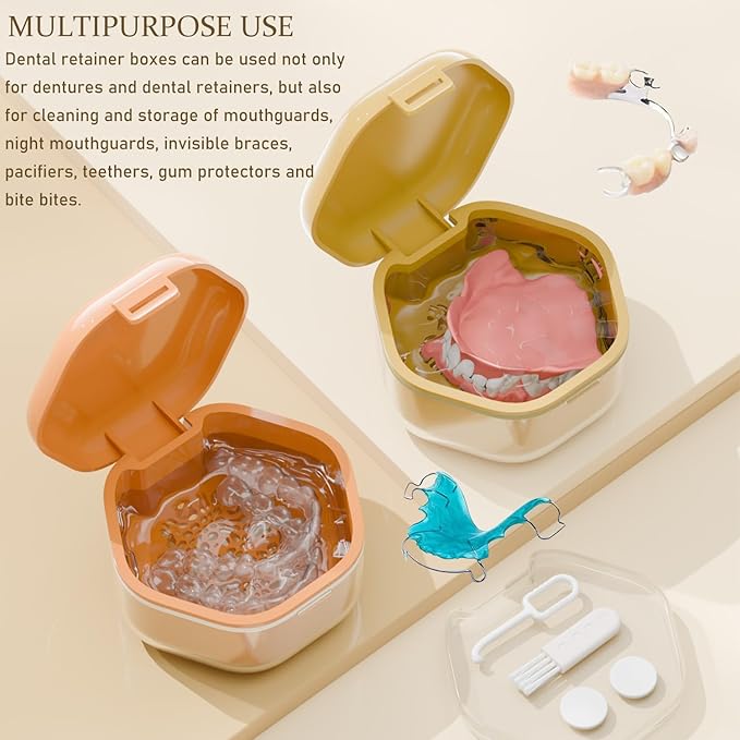 Denture Bath Box Cup with Strainer Basket,teeth Retainer Cleaning Box, Braces Teeth Aligner Case, Clear Braces, Mouth Guard Storage Box Holder for Household|Travel|Office