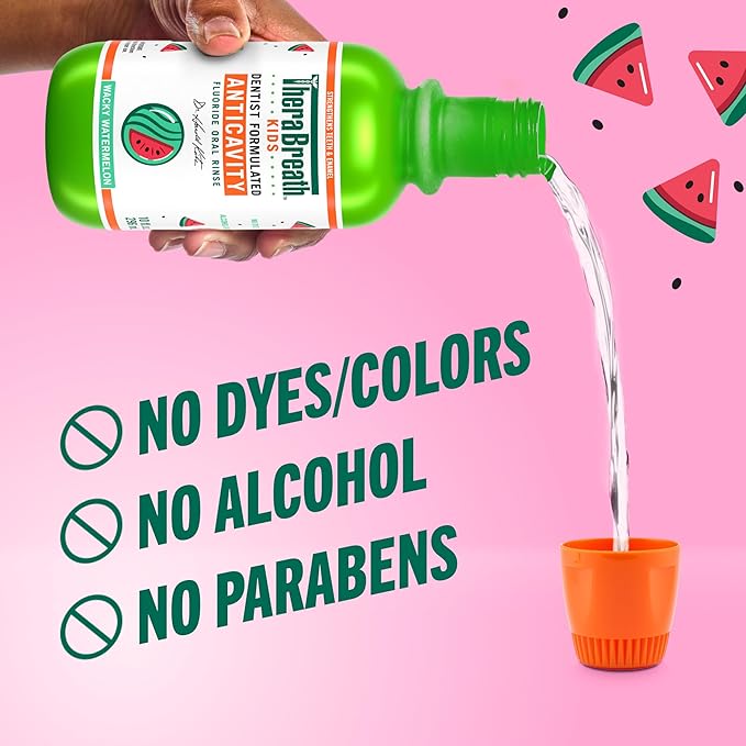 TheraBreath Kids Organic Wacky Watermelon Mouthwash with Fluoride, Anticavity, Dentist Formulated, 16 Fl Oz