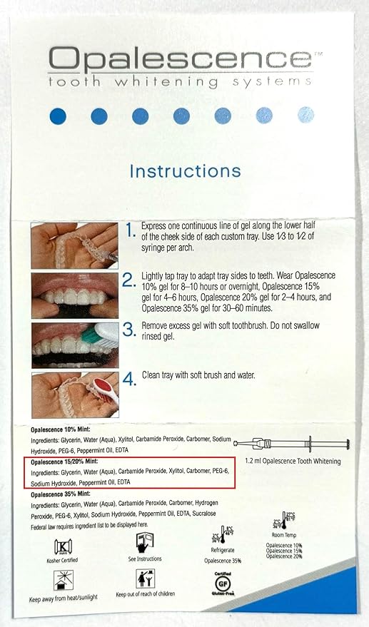 Opalescence 20% Teeth Whitening Refill Kit (4 Syringes) Carbamide Peroxide. Made by Ultradent, in Mint Flavor. Tooth Whitening Refill Syringes - B-5196-4