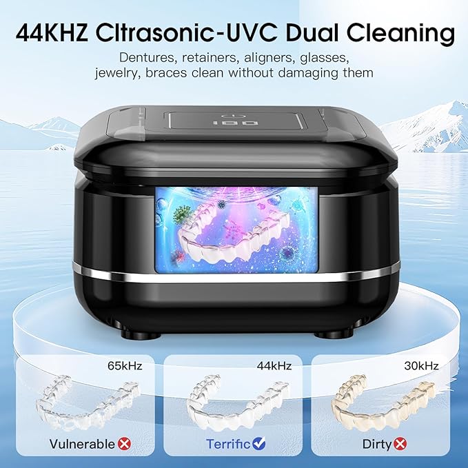 HAUSBELL Dental Pod: Ultrasonic Retainer Cleaner, Denture Cleaner Machine with 8 Cleaner Tablets, Aligner Cleaner, Nightguard Cleaner, Mouthguard Cleaner, Ultrasonic Cleaner with Noise-Reduction Lid