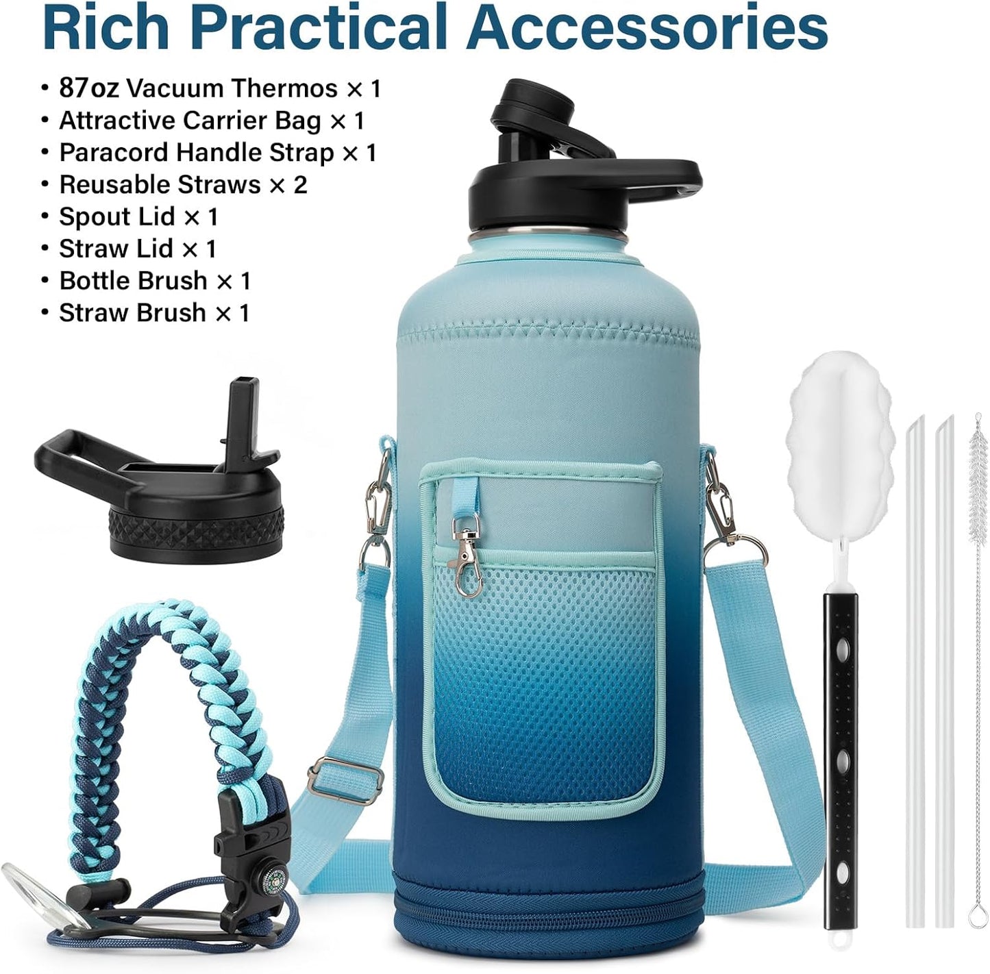 Insulated Water Bottle | Thickened Stainless Steel for Gym and Hiking with Straw, Carrier Bag, Handle Strap | BPA-Free 87 oz