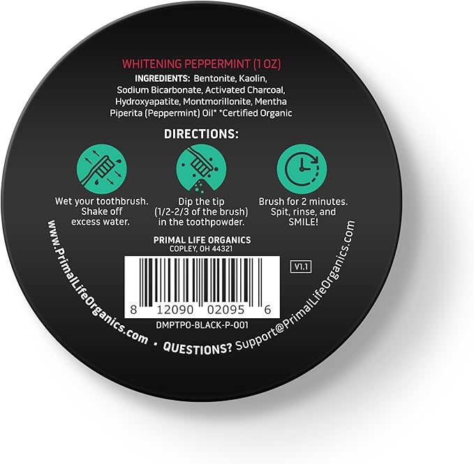 Primal Life Organics - Dirty Mouth Toothpowder, Activated Charcoal Tooth Cleaning Powder, Essential Oils with Kaolin & Bentonite Clay, Good for 200+ Brushings, Organic, Vegan (Black Peppermint, 1 oz)