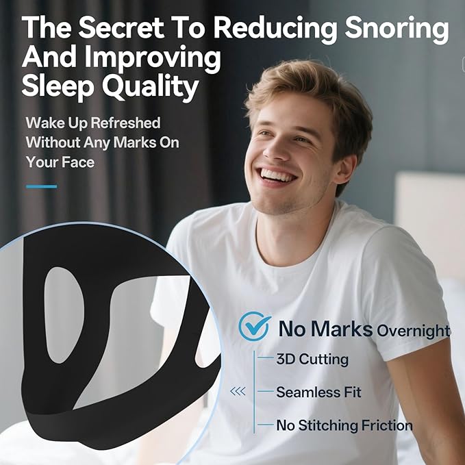 Chin Strap for Sleeping with 4-Side Adjustment, Anti Snoring Chin Strap Elasticity for Adults, Anti Snoring Devices Breathable and Durable, Snore Stopper for CPAP Users, Black, M