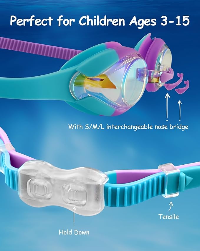 Kids Swim Goggles, Anti-fog and UV Protection with Swim Cap for Age 3-15 Youth Boys Girls Toddler