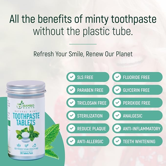 200 Pack Natural Toothpaste Tablet Bits - Chewable Mouthwash Whitening Bite Tablets for Teeth SLS & Fluoride Free Eco & Travel Friendly - Zero Waste Packaging - Mint & Activated Charcoal (Peppermint)