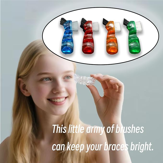 4 Pieces Mini Denture Cleaning Brush Set with Multi-Layered Bristles with Aligner Removal Tool Portable Denture Double Sided Brush for False Teeth Cleaning Easy to Carry 4 Color