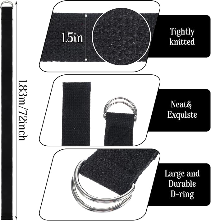 12 Pack Yoga Straps for Stretching, 6 Ft Black Exercise Bands with Adjustable D Ring Buckles for Pilates, Gym Fitness, Flexibility Training, Men Women