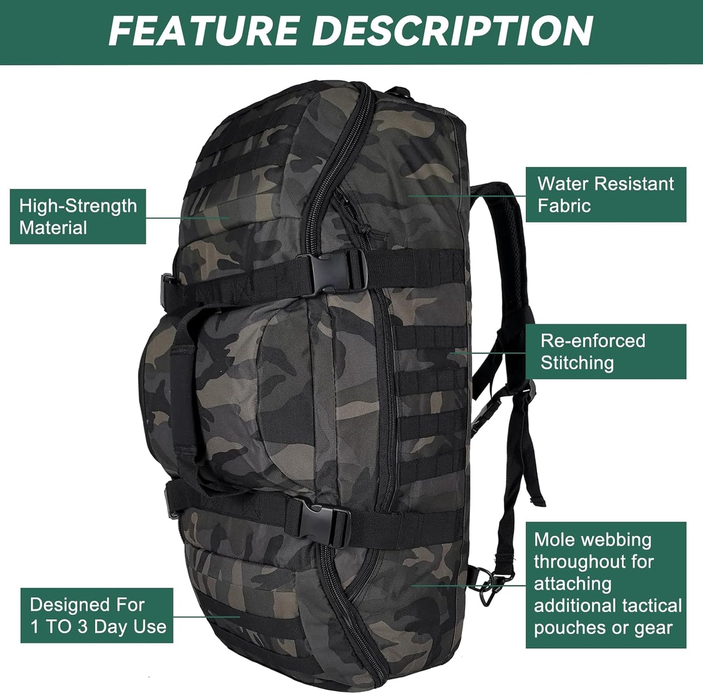 55L Large Duffle Bag, 3-in-1 Tactical Backpack MOLLE Pack for Gym, Sports, Outdoor, Black Camo
