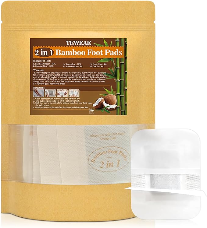2 in 1 Foot Pads, 64 Pads Bamboo Vinegar Coconut Shell Powder Foot Pads with ''Stay in Place'' Bigger Adhesive Sheet