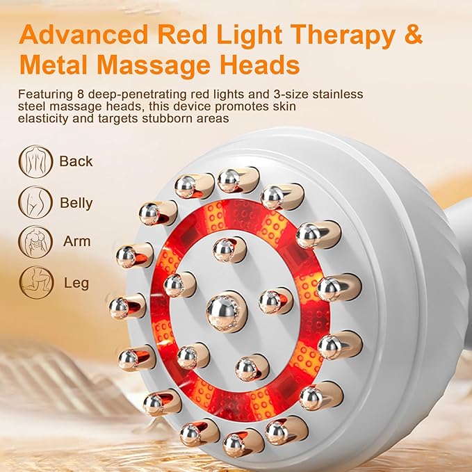 3-in-1 Handheld Lymphatic Drainage Massager with Red Light, Heat & Vibration - Cordless Anti Cellulite Massage Tool for Body Relaxation, 3 Modes & 9 Speeds for Belly, Legs, Thighs