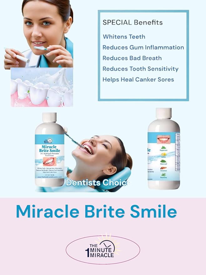Miracle Brite Smile Mouthwash - Teeth whitening, Breath freshening, Removing Bad Breaths & Tooth Sensitivity with The Power of 3% Hydrogen Peroxide and Organic Essential Oils.