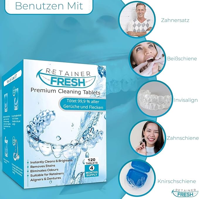 Retainer Cleaner Tablets - 120 Tablets 4 Month Retainer Fresh - Retainer Cleaning Tablets, Mouth Guard Cleaner, Denture Cleaner, Aligner Cleaner, Brite Retainer Tablets