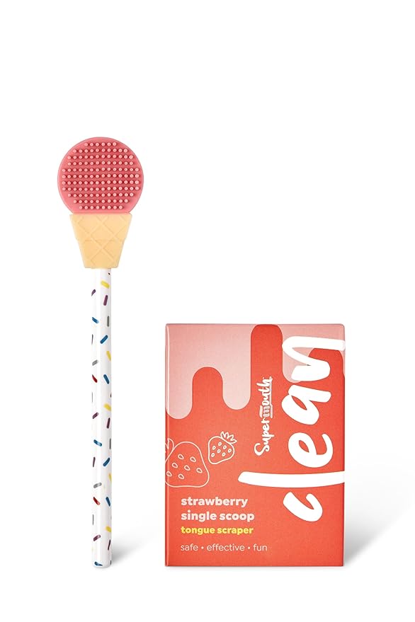SuperMouth® Single Scoop Tongue Scraper for Toddlers & Kids Ages 2-5 – Dual-Sided Brush & Scraper Removes Odor-Causing Buildup, Fights Bad Breath, Gentle Easy-Grip Design, 3 Scents, Early Oral Care