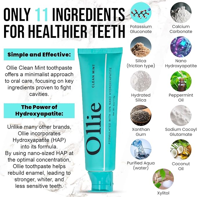 Ollie Clean Mint Nano Hydroxyapatite Toothpaste for Teeth Whitening, 10% Hydroxyapatite Formula, 4oz