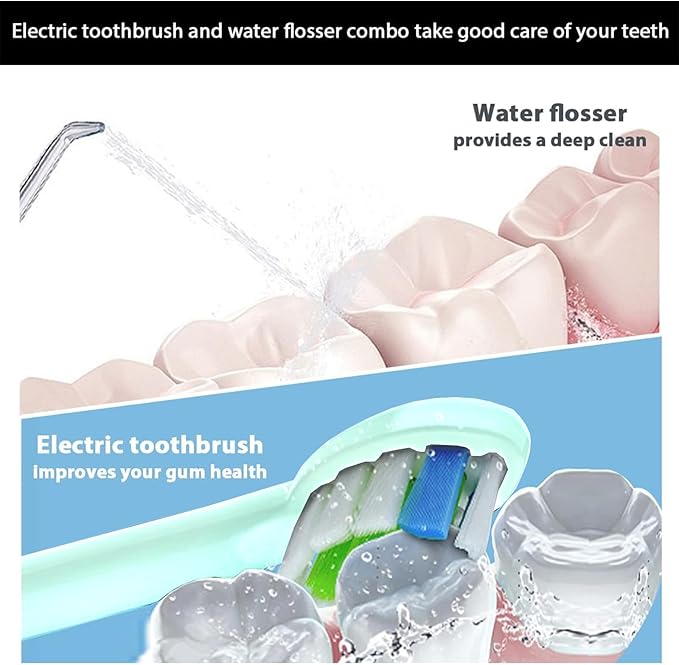 2-1 Oral Clean Kit- Water Dental flosser & Electric Toothbrush Combo- Brushing & Flossing- for Teeth Cleaning and Gum Health (Light Green)