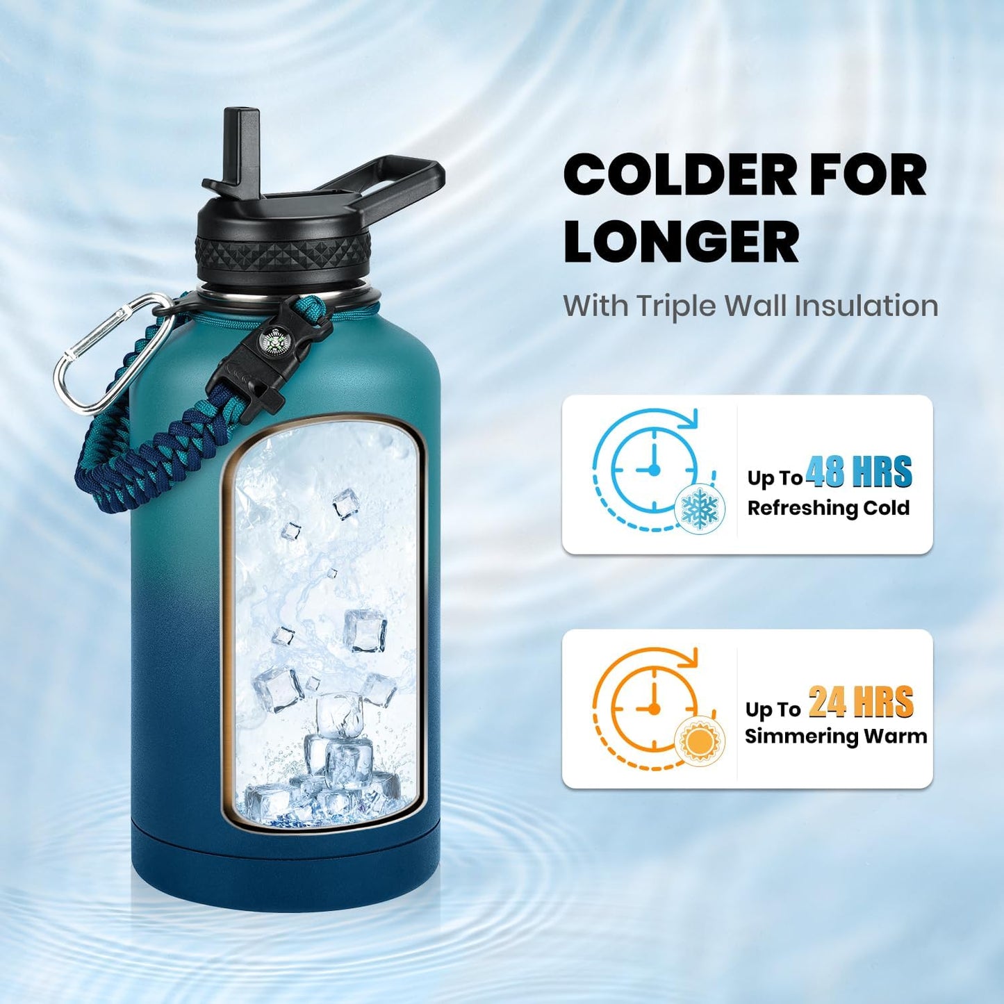 Insulated Water Bottle 64 oz, Triple Wall Vacuum Stainless Steel (Cold for 48 Hrs), Leak Proof & Non-BPA, Half Gallon Water Flask Jug with Paracord Handle & Straw Spout Lids, Cyan Blue
