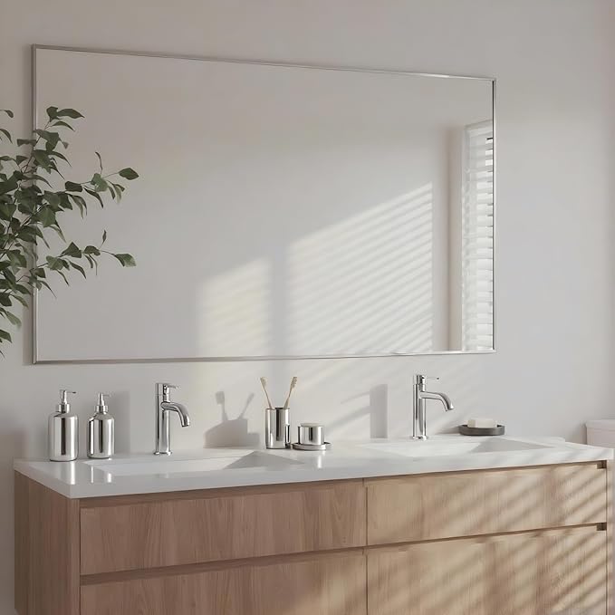 24x40 Inch Nickel Bathroom Mirror for Wall, Aluminum Frame Rectangle Rectangular Vanity Mirror, Modern Large for Bedroom, Living Room, Horizontal or Vertical