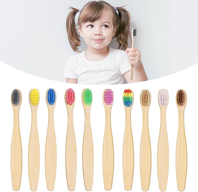 10 Color Kids Bamboo Toothbrushes | BPA Free Soft Bristles Wooden Toothbrushes | Eco-Friendly Biodegradable & Compostable Charcoal Toothbrushes - Economy Family Pack