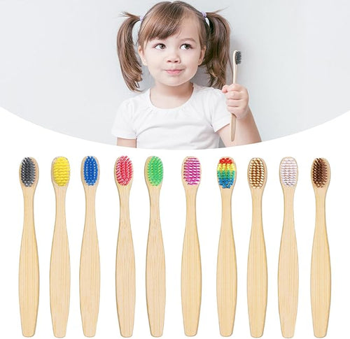 10 Color Kids Bamboo Toothbrushes | BPA Free Soft Bristles Wooden Toothbrushes | Eco-Friendly Biodegradable & Compostable Charcoal Toothbrushes - Economy Family Pack