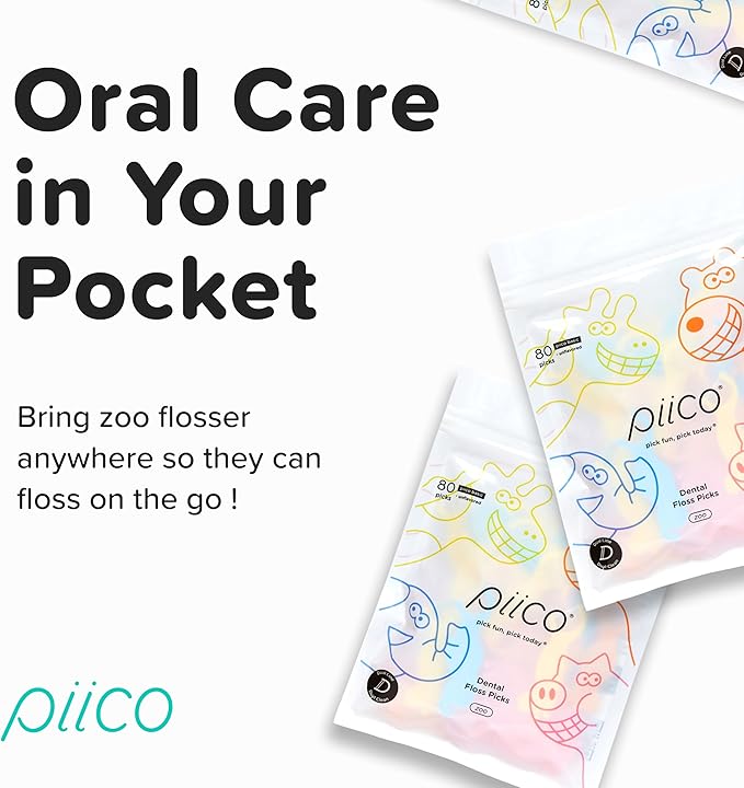 Piico Unflavored Kids Floss - No Fluoride Dual Line Dental Floss Picks - Fun Oral Care in Colorful Floss Sticks Design - Kids Flossers Prevent Tooth Decay & Gum Disease - 240 Count Zoo & Travel Case