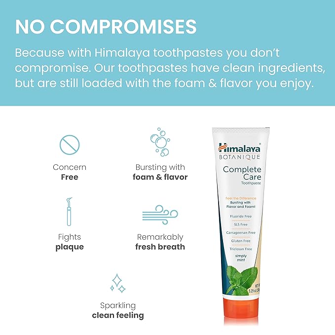 Himalaya Botanique Complete Care Toothpaste, Herbal, Mint Flavor, Fights Plaque, Freshens Breath, Fluoride Free, No Artificial Flavors, SLS Free, Cruelty Free, Foaming, 5.29 Oz, 2 Pack…