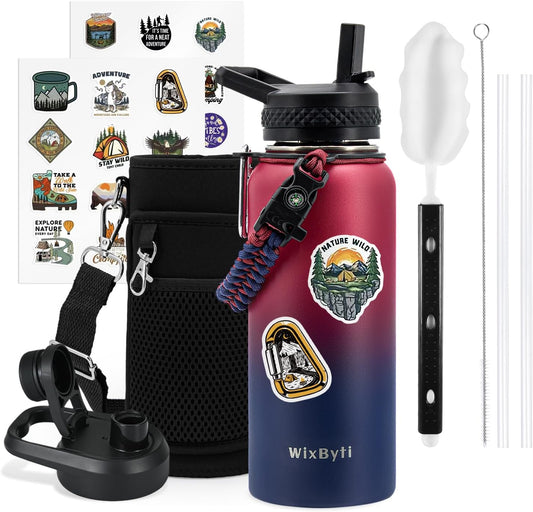 32 oz Insulated Water Bottle with Straw (Cold for 48 Hrs), Stainless Steel Triple Wall Vacuum Sports Water Jug, Leakproof Hydro Cup Flask with Paracord Handle & Straw Spout Lids & DIY Stickers