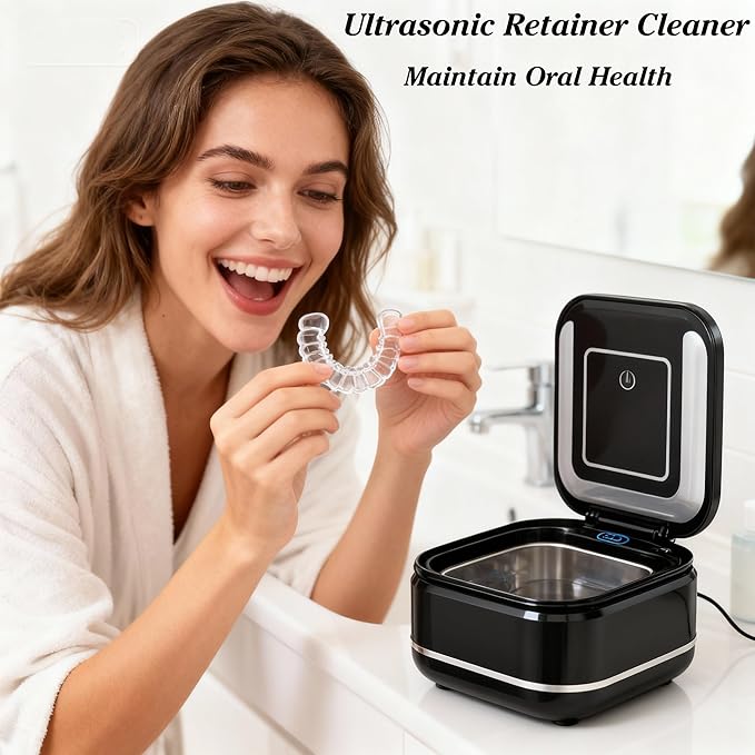 HAUSBELL Dental Pod: Ultrasonic Retainer Cleaner, Denture Cleaner Machine with 8 Cleaner Tablets, Aligner Cleaner, Nightguard Cleaner, Mouthguard Cleaner, Ultrasonic Cleaner with Noise-Reduction Lid