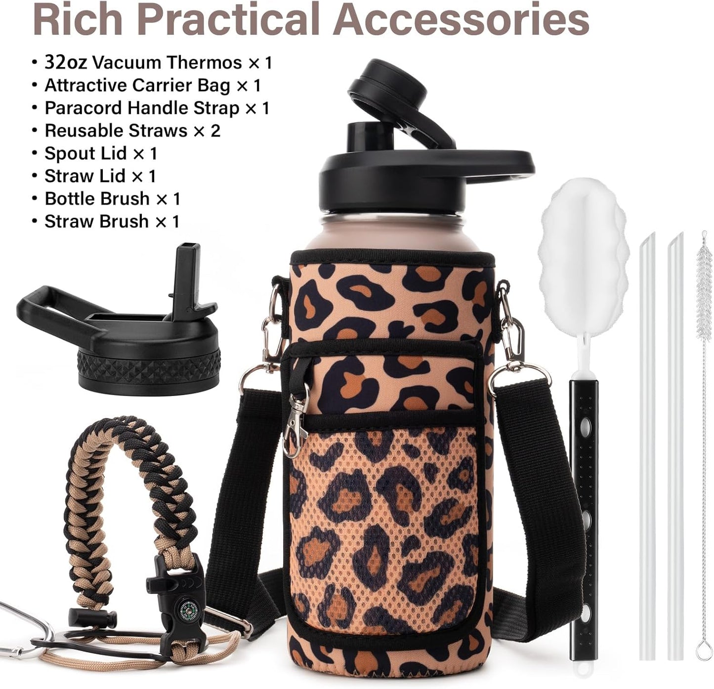 Insulated Water Bottle | Thickened Stainless Steel Vacuum Metal | Portable Sports Water Jug for Gym and Hiking with Straw, Carrier Bag, Handle Strap | BPA-Free 32 oz