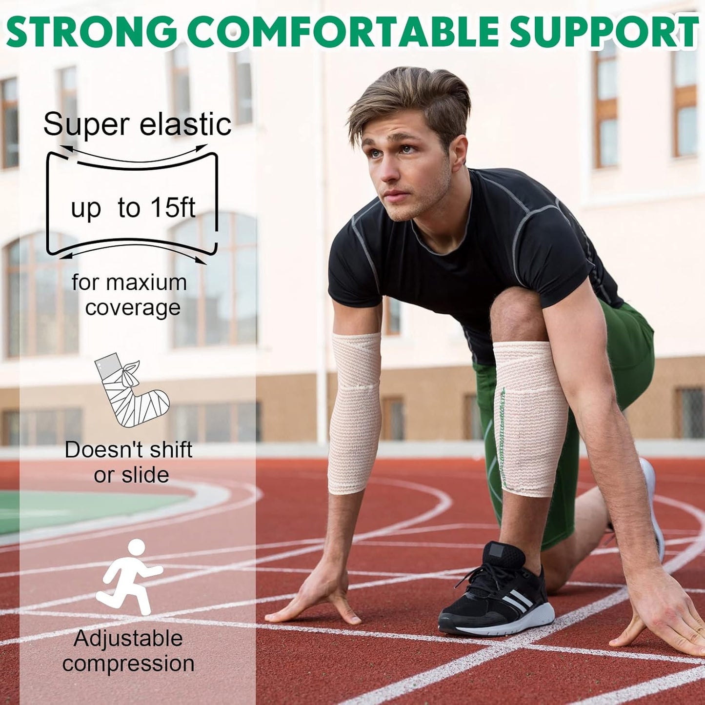 LEIFIDE 36 Pack Compression Bandage Wrap with Self Closure on Both Ends Elastic Bandage for Legs, Knees, Ankles, Wrists, Elbows, Shoulders, Athletic Stretchable Wrap(6 Inch,Green Trim)