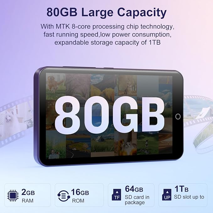 80GB MP3 Player with Bluetooth and WiFi, Android MP3 & MP4 Players with 4" Touchscreen and Speaker, Spotify Music Player with FM Radio, Audible, Amazon Music, Play Store (Purple)