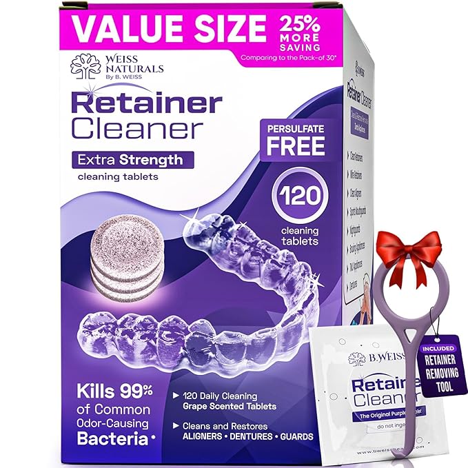 Weiss Naturals Retainer Cleaner Tablets, Invisalign Cleaner, Remove Stains, Odors & Plaque, PERSULFATE FREE Night Guard & Denture Cleaner 4-Month Supply, 120 Grape Scented Tablets