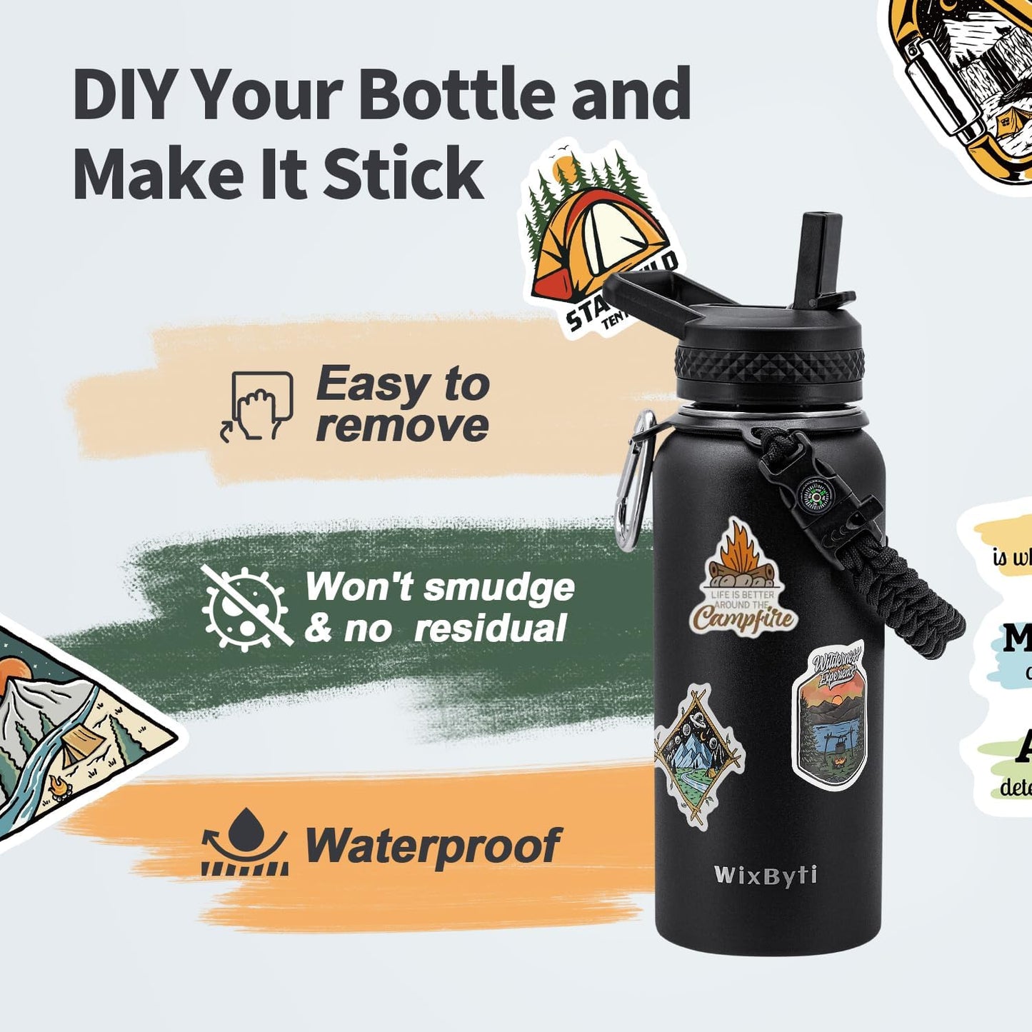 32 oz Insulated Water Bottle with Straw (Cold for 48 Hrs), Stainless Steel Triple Wall Vacuum Sports Water Jug, Leakproof Hydro Cup Flask with Paracord Handle & Straw Spout Lids & DIY Stickers