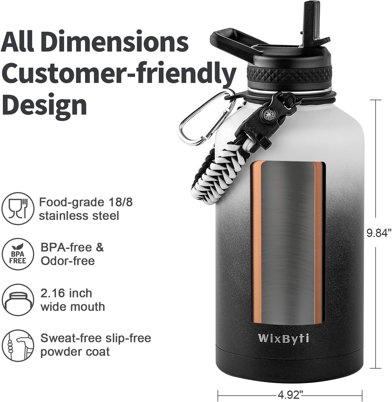 64 oz Insulated Water Bottle with Straw (Cold for 48 Hrs), Half Gallon Stainless Steel Triple Wall Vacuum Sports Water Jug, Leakproof Hydro Cup Flask with Straw Spout Lids & DIY Stickers