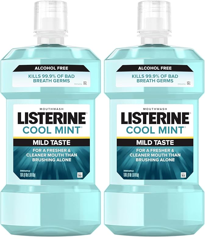 Listerine Alcohol-Free Mouthwash, Non Alcoholic Mint Oral Rinse Kills 99.9% of Germs That Cause Bad Breath for a Fresh Breath & Clean Mouth, Less Intense Taste, Cool Mint Flavor, 1 L (Pack of 2)