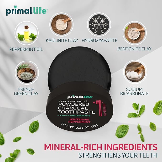 Primal Life Organics -Dirty Mouth Toothpowder, Activated Charcoal Tooth Cleaning Powder, Essential Oils, Hydroxyapatite, Kaolin, Bentonite Clay, 60+ Brushings, Organic, Vegan Black Peppermint 0.25oz