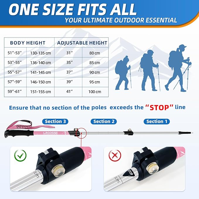 Lightweight Collapsible Kids Hiking Poles - Retractable Kids Hiking Stick, Telescoping Aluminum Trekking Poles 2 Pack, Adjustable Kids Ski Poles by Croosse