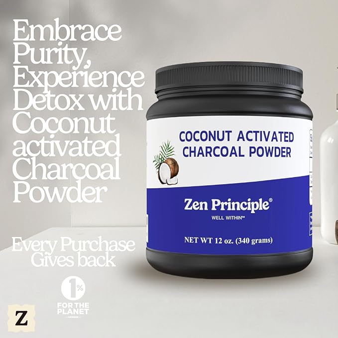 Zen Principle Coconut Activated Charcoal Powder. Whitens Teeth, Rejuvenates Skin and Hair, Supports Better Digestion. USA-Owned Producers, Free Scoop, 12 Oz