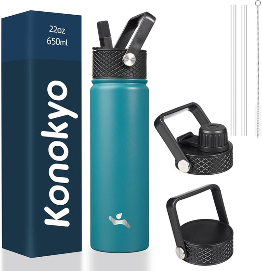 22oz Stainless Steel Bottles with 3 Lids Sport Insulated Water Bottle,Light Blue