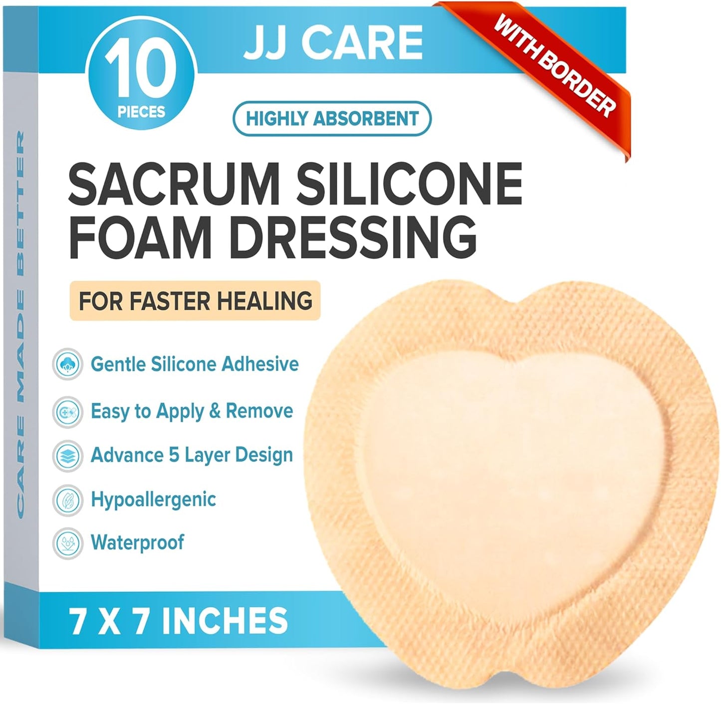 JJ CARE Sacrum Silicone Foam Dressing with Border 7x7 [Pack of 10], Waterproof Sacral Foam Dressing for Wounds, Absorbent Bed Sore Bandages, Sacral Wound Dressing with Silicone Adhesive Border