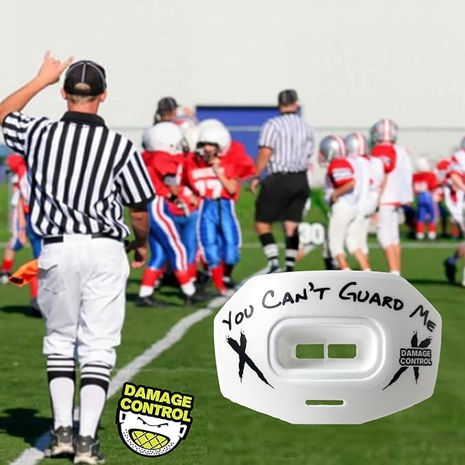 DAMAGE CONTROL Youth Football Mouth Guard – Breathable No Boil Mouthpiece, Protects Lips & Teeth, Works with Braces, Includes Helmet Strap – Sports Gear & Accessories (You Can't Guard Me)