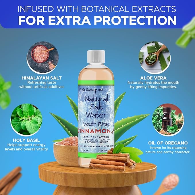 Dale Audrey Natural Pink Himalayan Saltwater Mouth Rinse | Organic Cinnamon Flavor I Fluoride Free Freshens Breath | Alcohol & Cruelty Free | Teeth Cleaner Mouthwash & Rinse for Healthy Gums-16 FL Oz