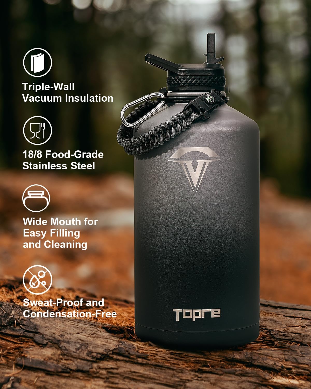 128 oz Insulated Water Bottle,One Gallon Water Flask Stainless Steel Vacuum, Cold for 48 Hrs,BPA-Free & Leakproof -with Paracord Handle, Strap,Straw Spout Lids,Large Jug for Gym,Grey