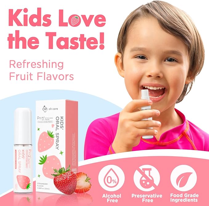 Mouth Spray for Kids Toddler Toothpaste Helper Fluoride Free Baby Toothpaste Cavity Protection Oral Care with Natural P113+ Antibacterial Peptide for Newborns to Age 12(Strawberry)
