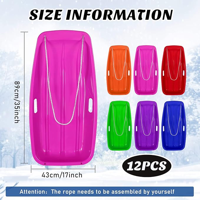 Jerify 12 Pcs 35 in Classic Snow Sled Winter Downhill Sprinter Toboggan with Pull Rope and Handles Plastic Sleds for Kids Adults Snow Sand Board Sleigh, 6 Colors